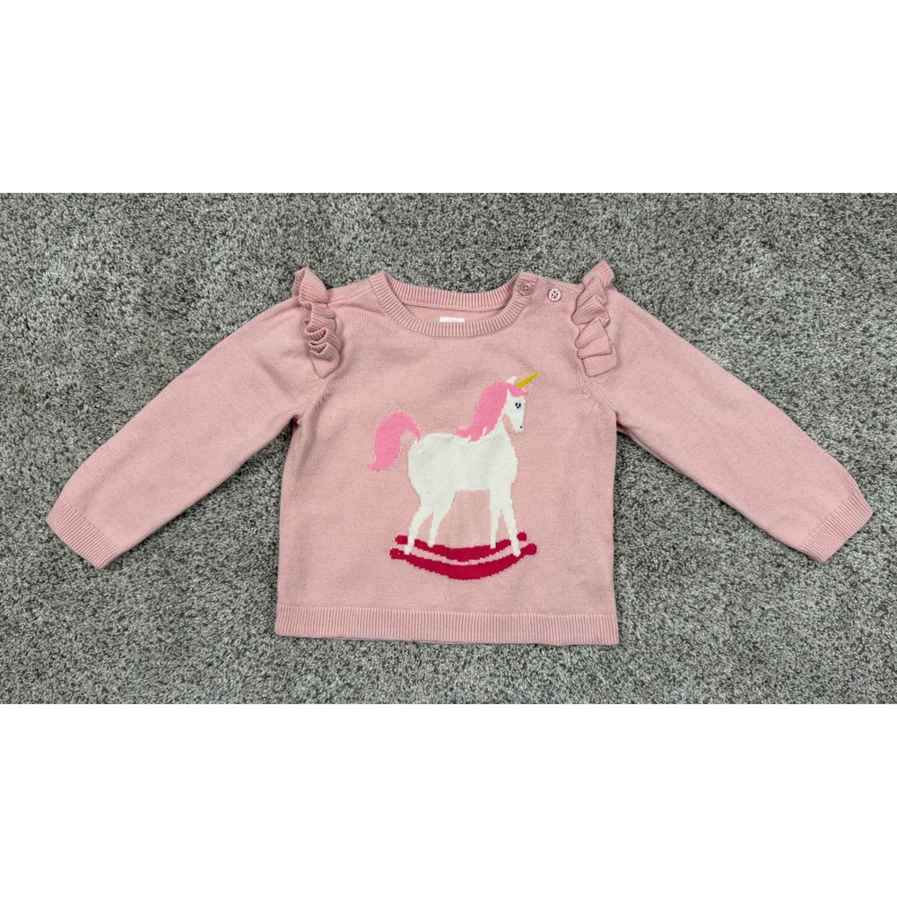 Baby Gap Sweater Toddler Girls 18-24 Months Pink Ruffle Unicorn Knit